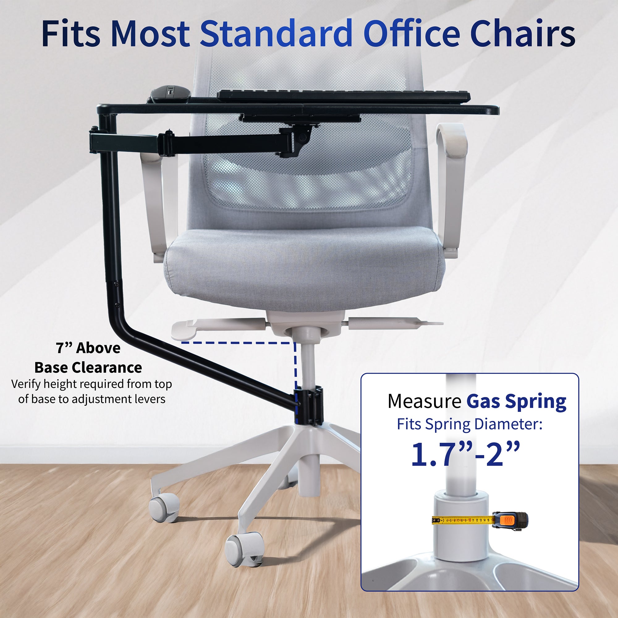 Office chair pole mounting keyboard tray with height adjustment, tilt, and rotation.
