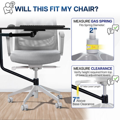 Office chair pole mounting keyboard tray with height adjustment, tilt, and rotation.