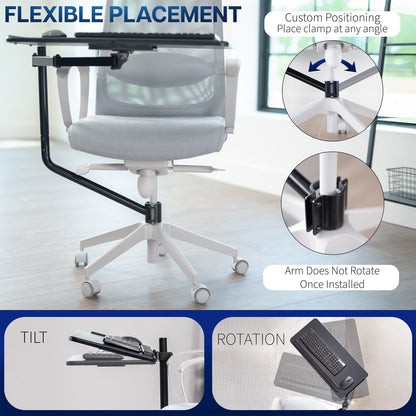 Office chair pole mounting keyboard tray with height adjustment, tilt, and rotation.