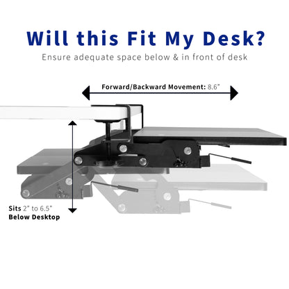 Ergonomic convenient under desk clamp-on keyboard tray with swinging height adjustment.