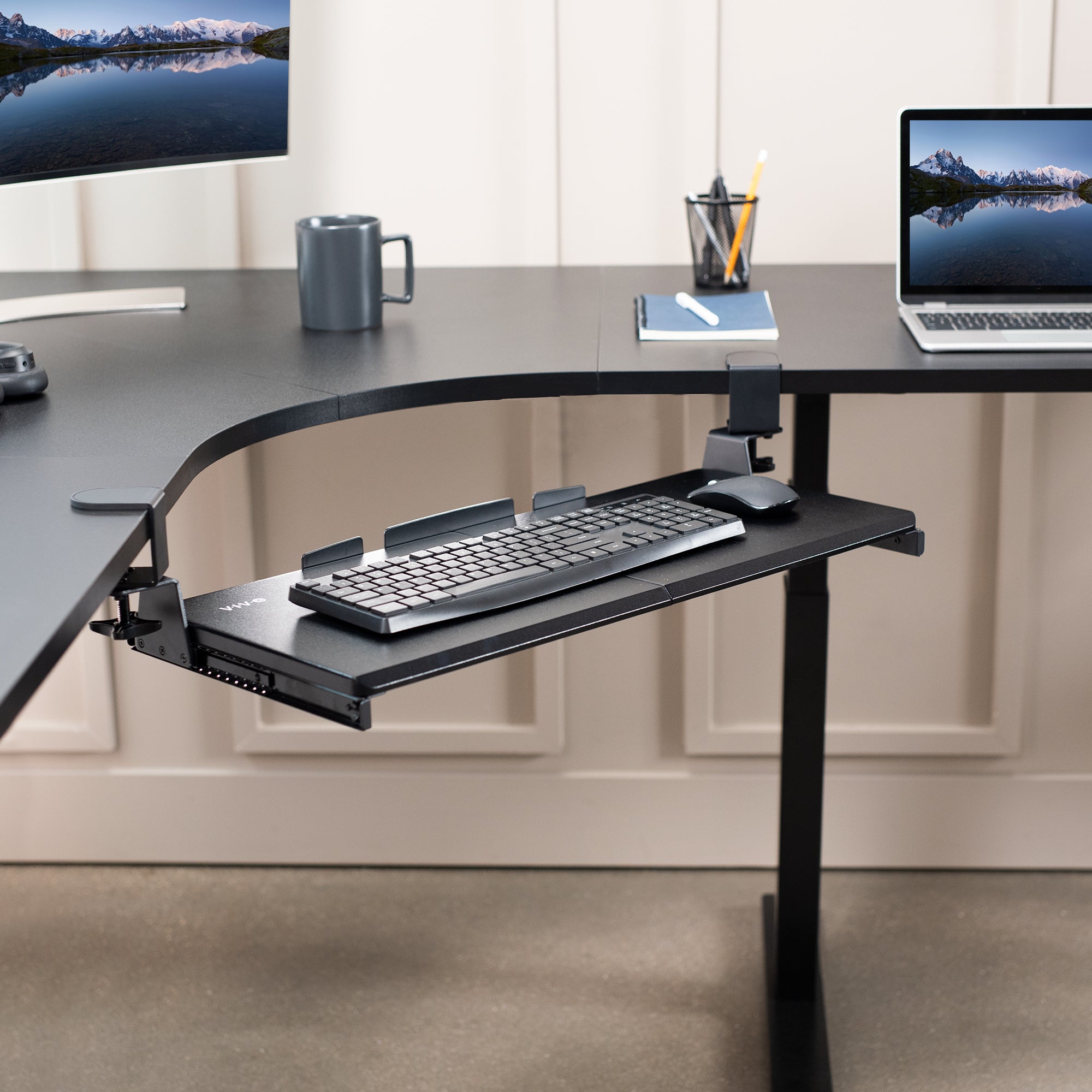 Under desk corner keyboard tray platform with adjustable swivel clamps for an ergonomic workspace.