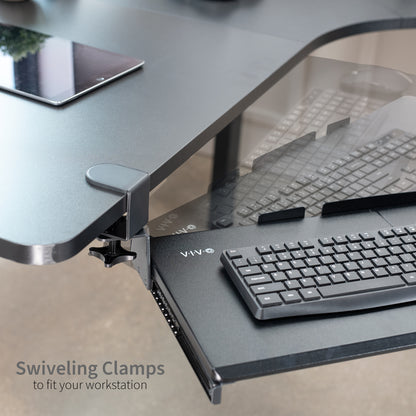 Under desk corner keyboard tray platform with adjustable swivel clamps for an ergonomic workspace.