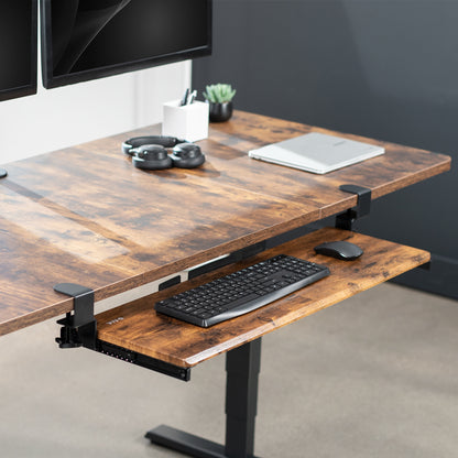 Rustic under desk keyboard tray mount attachment.