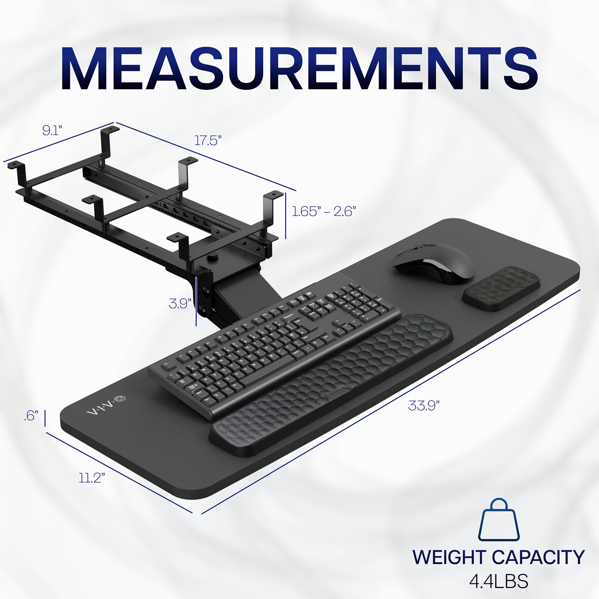 Adjustable under desk pull out keyboard tray mount with included padding.