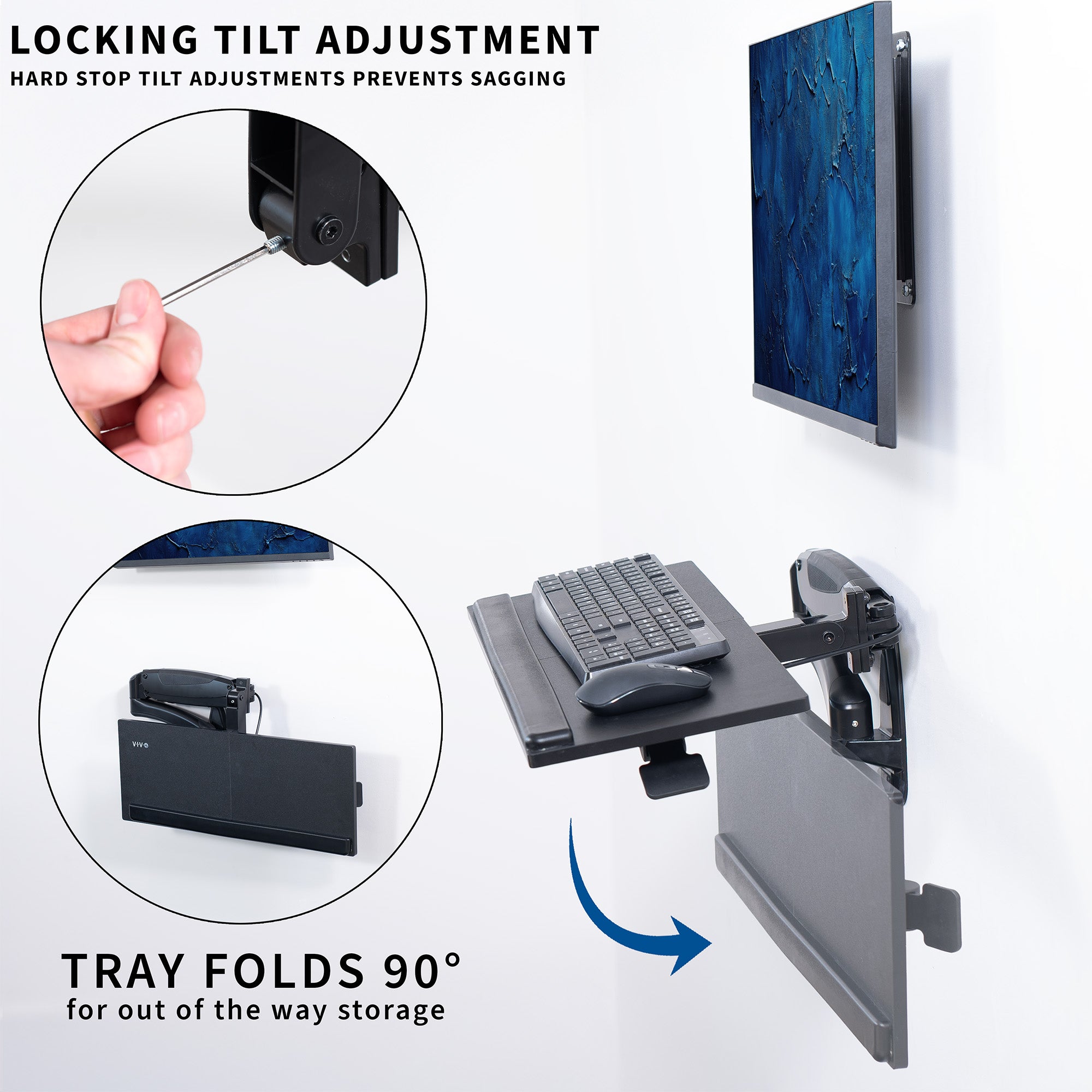 Sturdy steel pneumatic height adjustable keyboard tray wall mount with articulation.