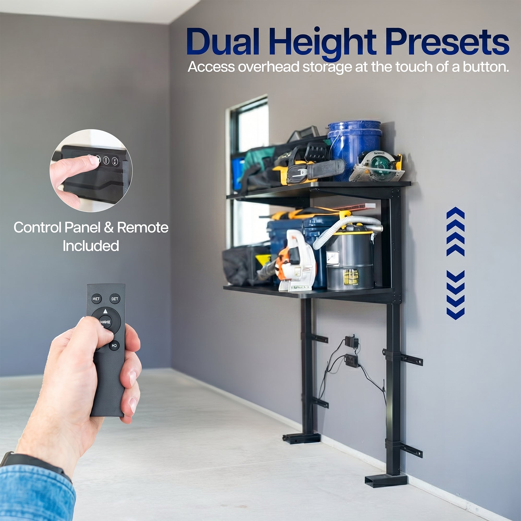 Storage shelf with adjustable height feature controlled by a remote, with tools and containers on top.