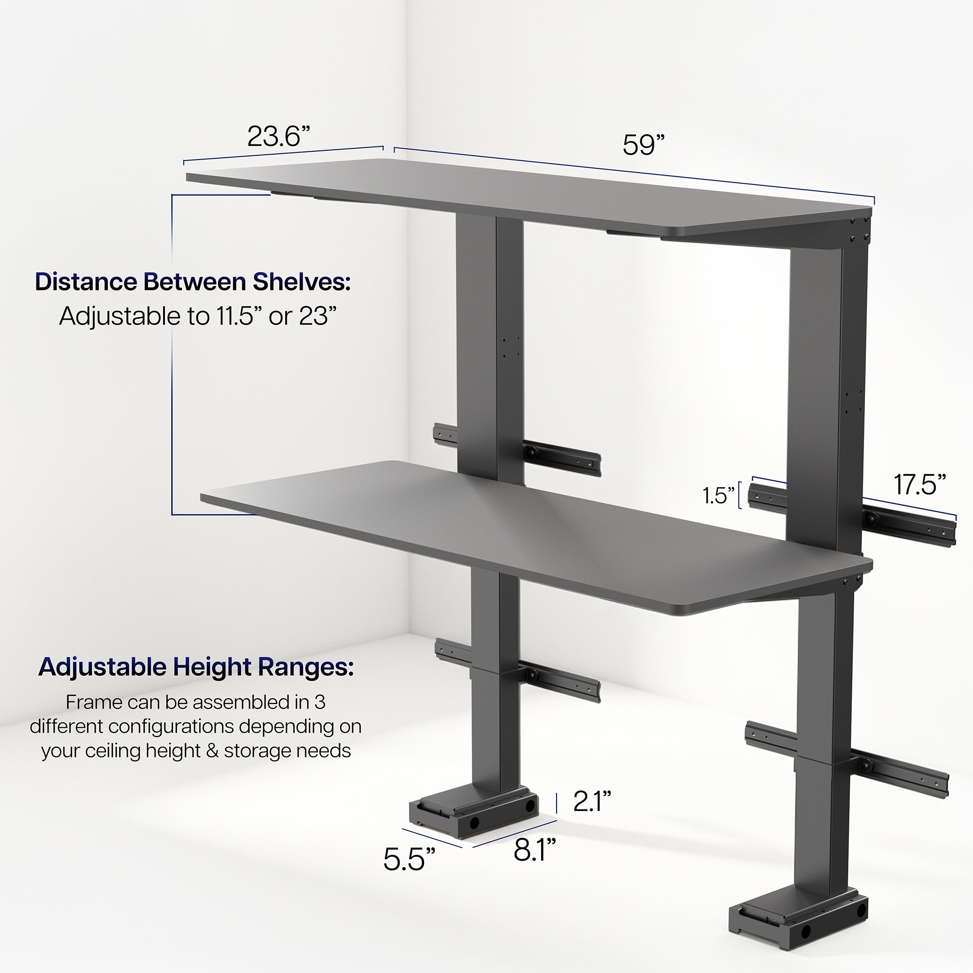 Gray adjustable height desk with measurements on a white background