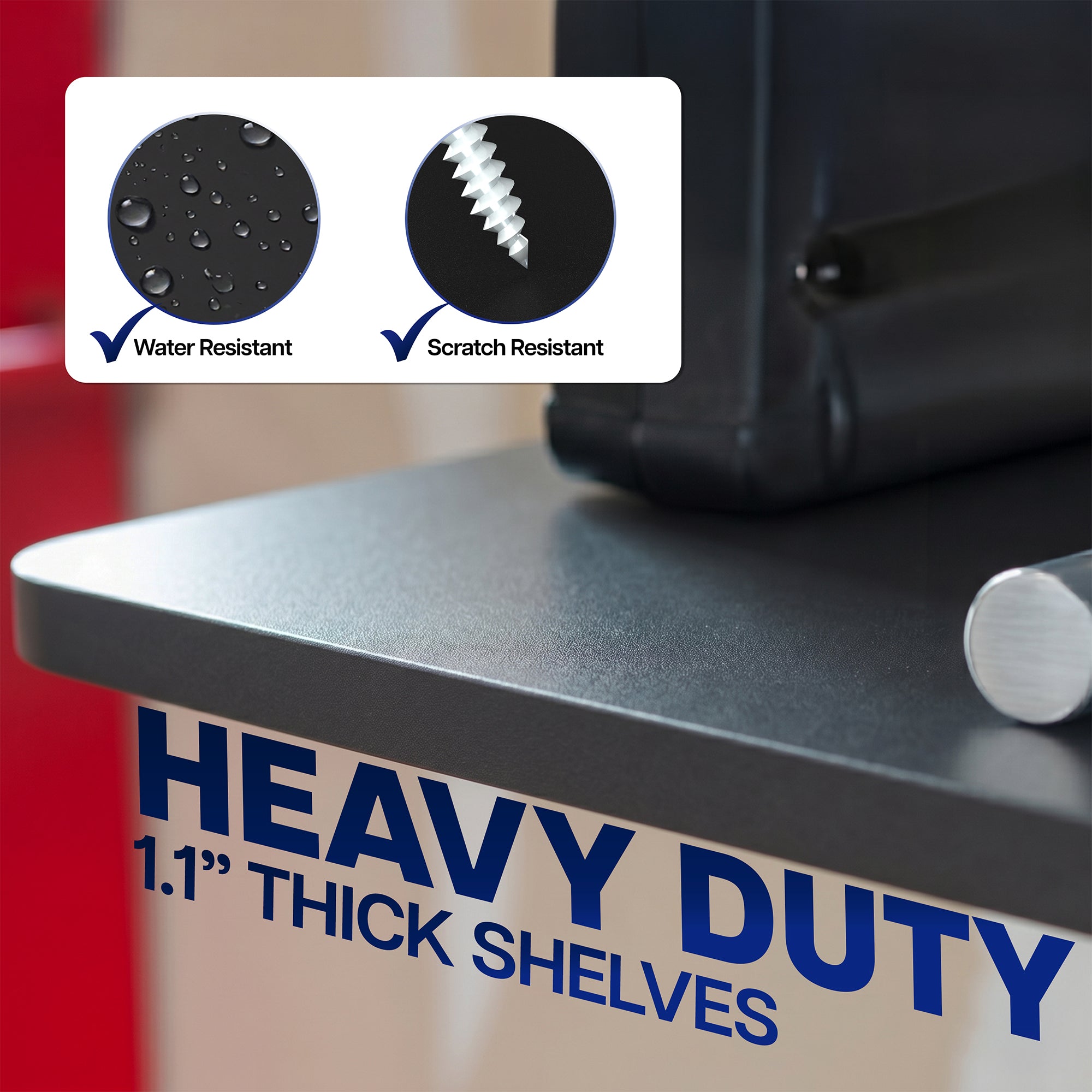 Heavy-duty shelving unit with water-resistant and scratch-resistant features highlighted.