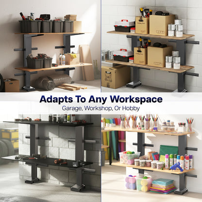 Collage of a adjustable workbench in various settings with text 'Adapts To Any Workspace'.