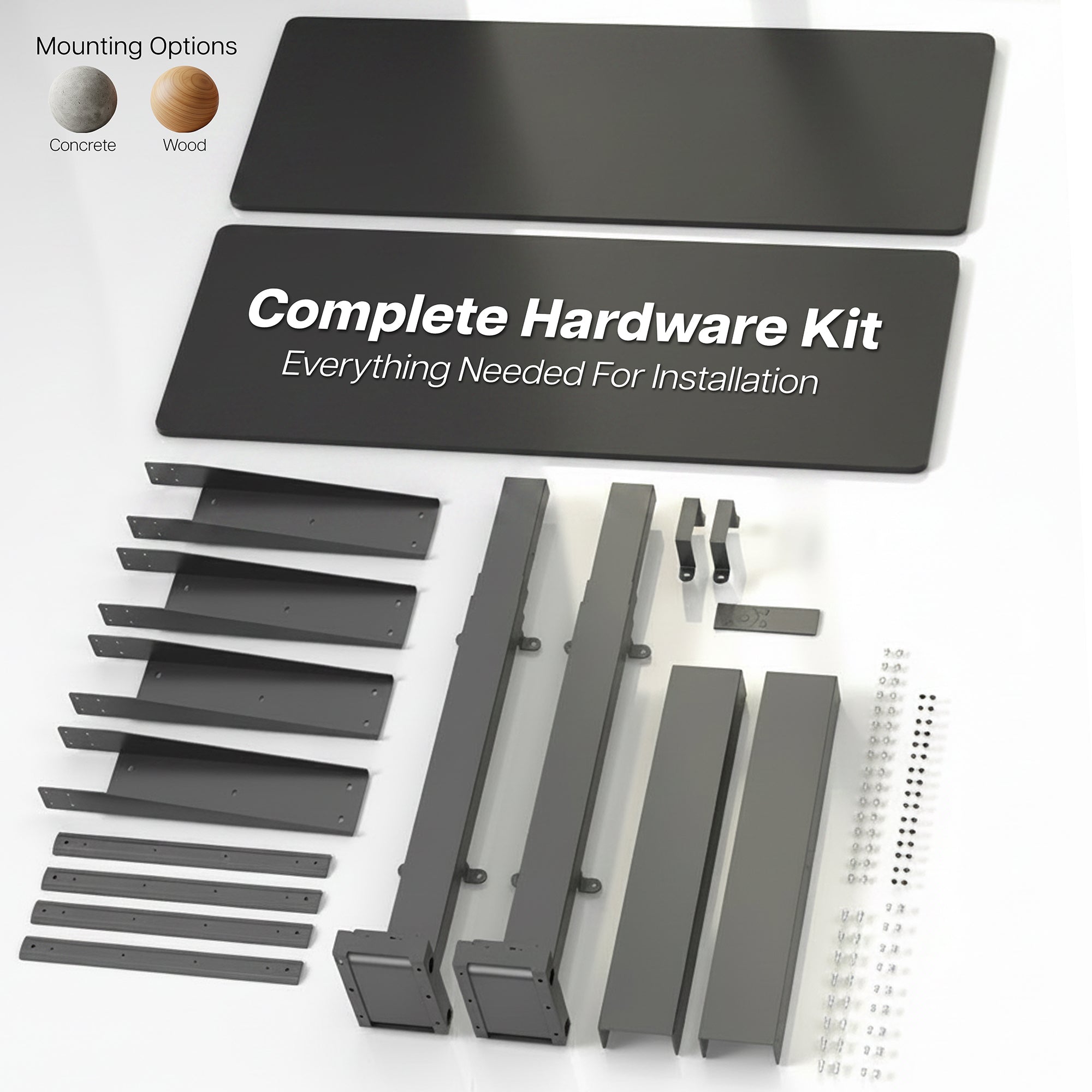 Complete hardware kit for installation on a white background