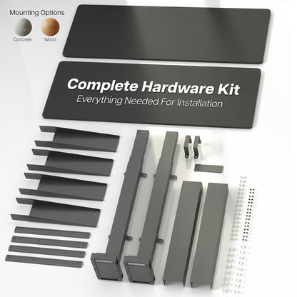 Complete hardware kit for installation on a white background