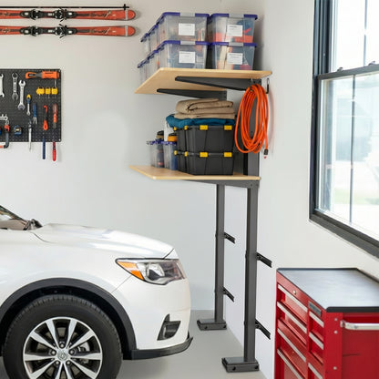 Garage organization shelving system, with tools and a car in the background