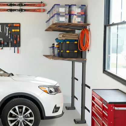 Garage organization shelving system, with tools and a car in the background