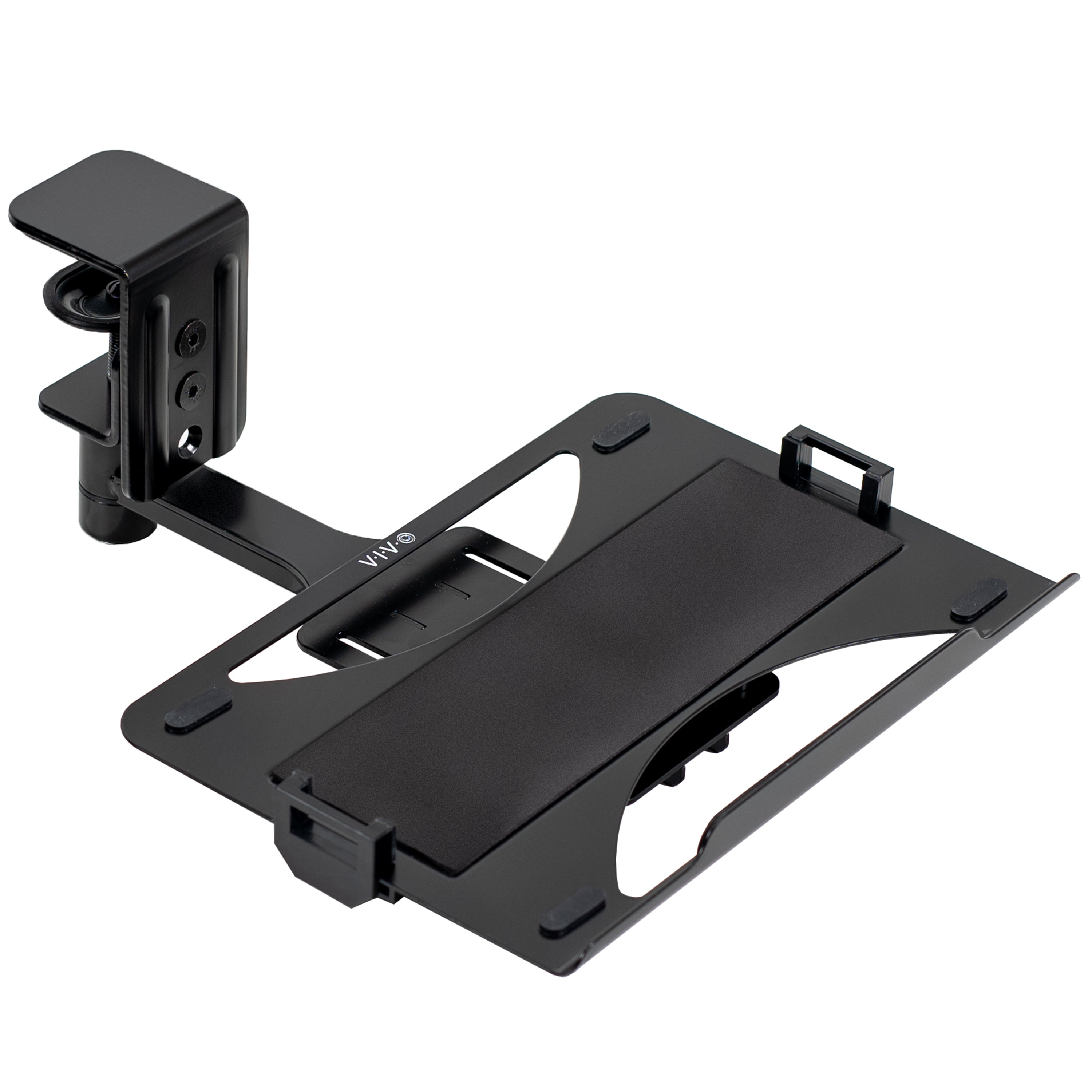 Black Single Clamp Rotating Laptop Tray for home or office use.