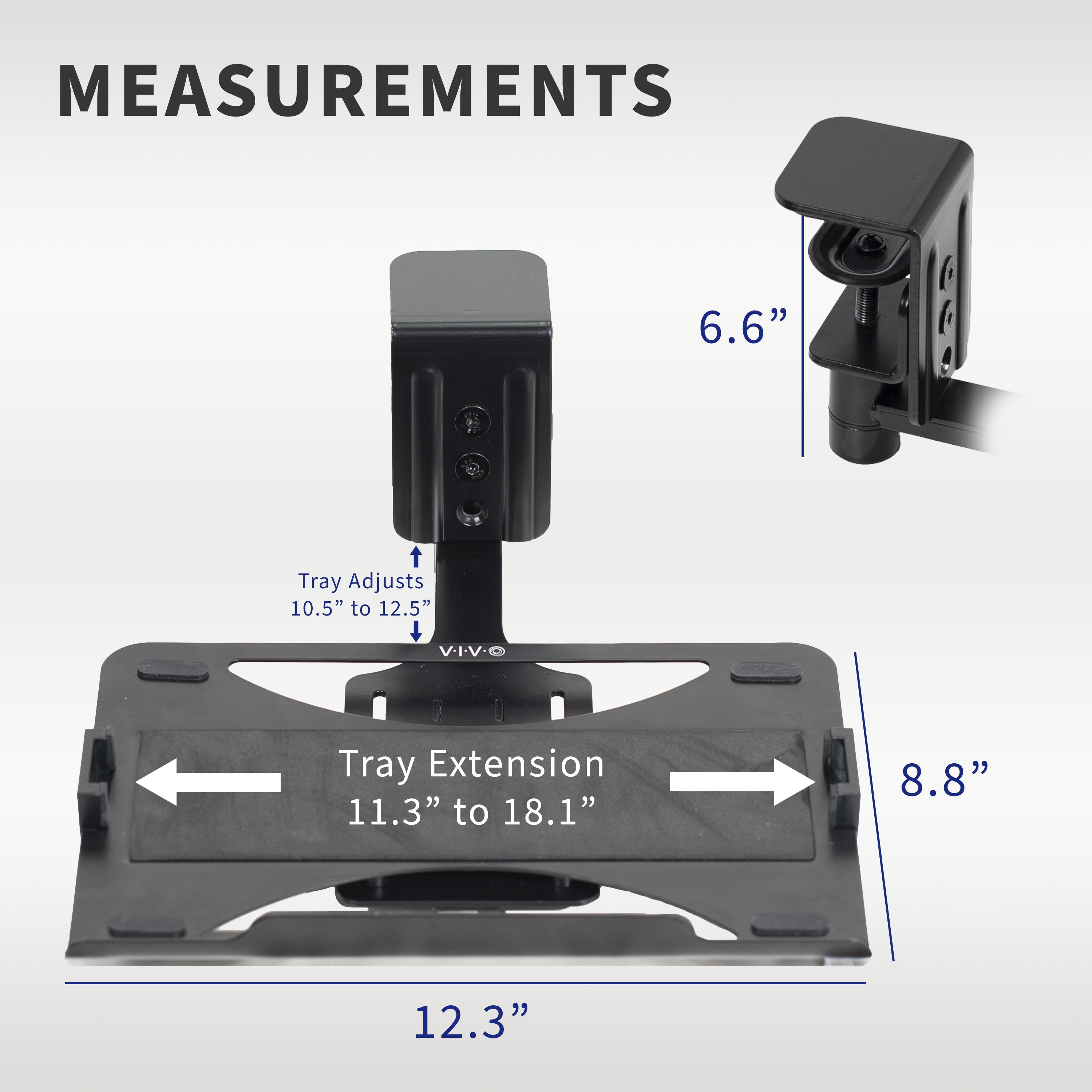 Dimensions of Black Single Clamp Rotating Laptop Tray for home or office use.