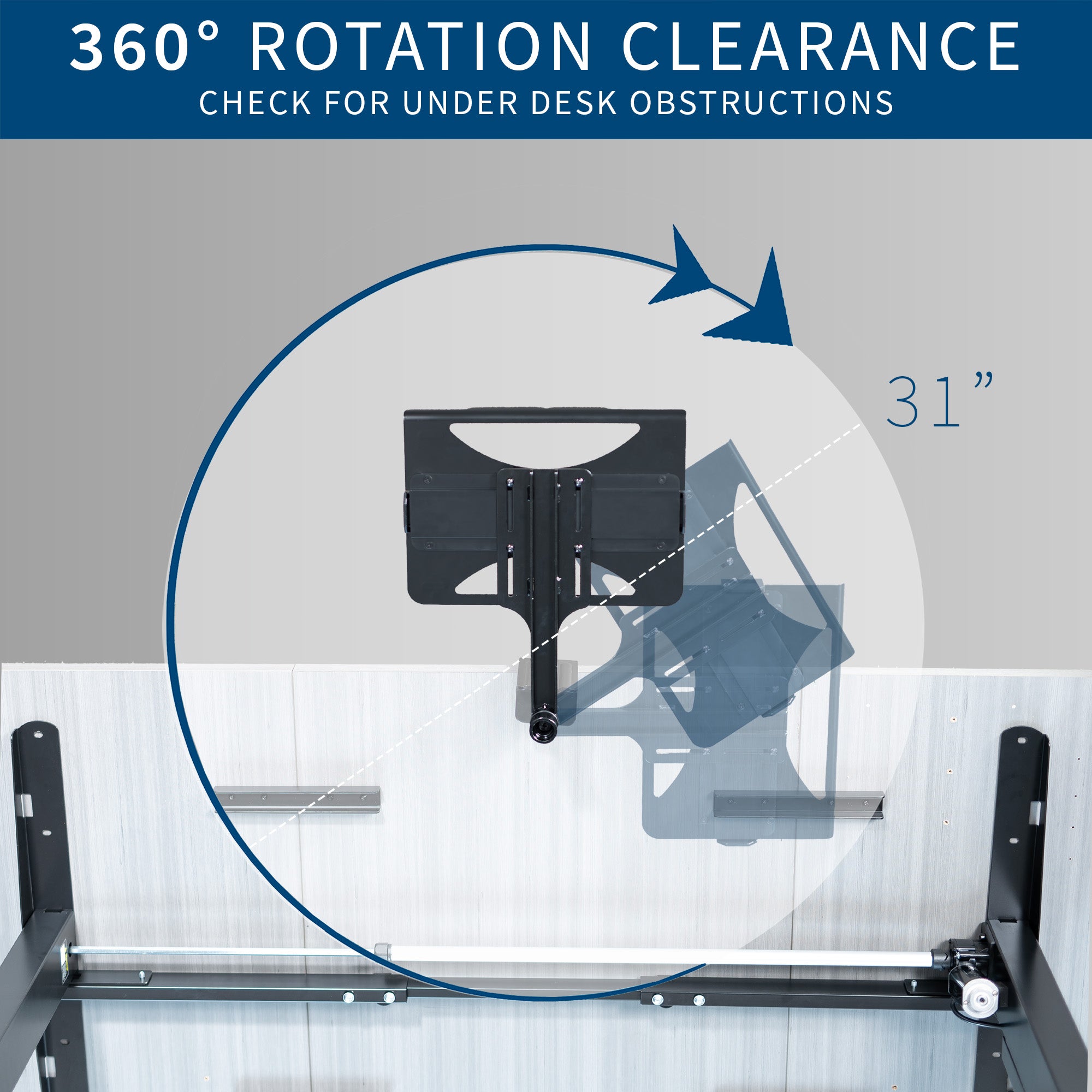 Black Single Clamp Rotating Laptop Tray for home or office use. Check for obstructions under desk.