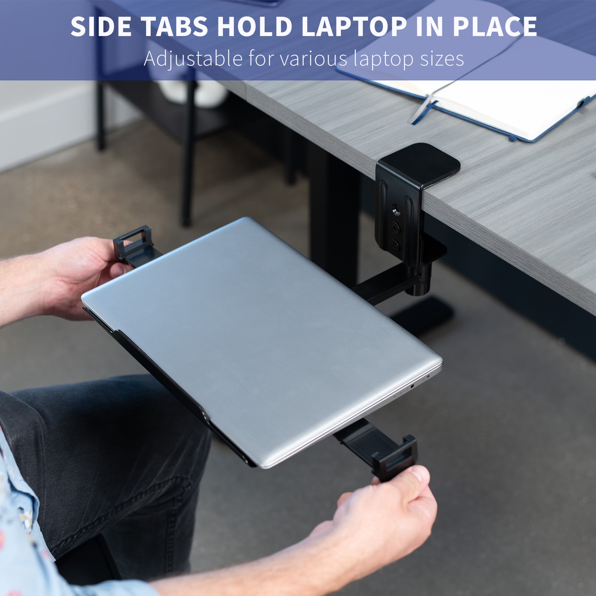 Black Single Clamp Rotating Laptop Tray for home or office use with safety tabs.