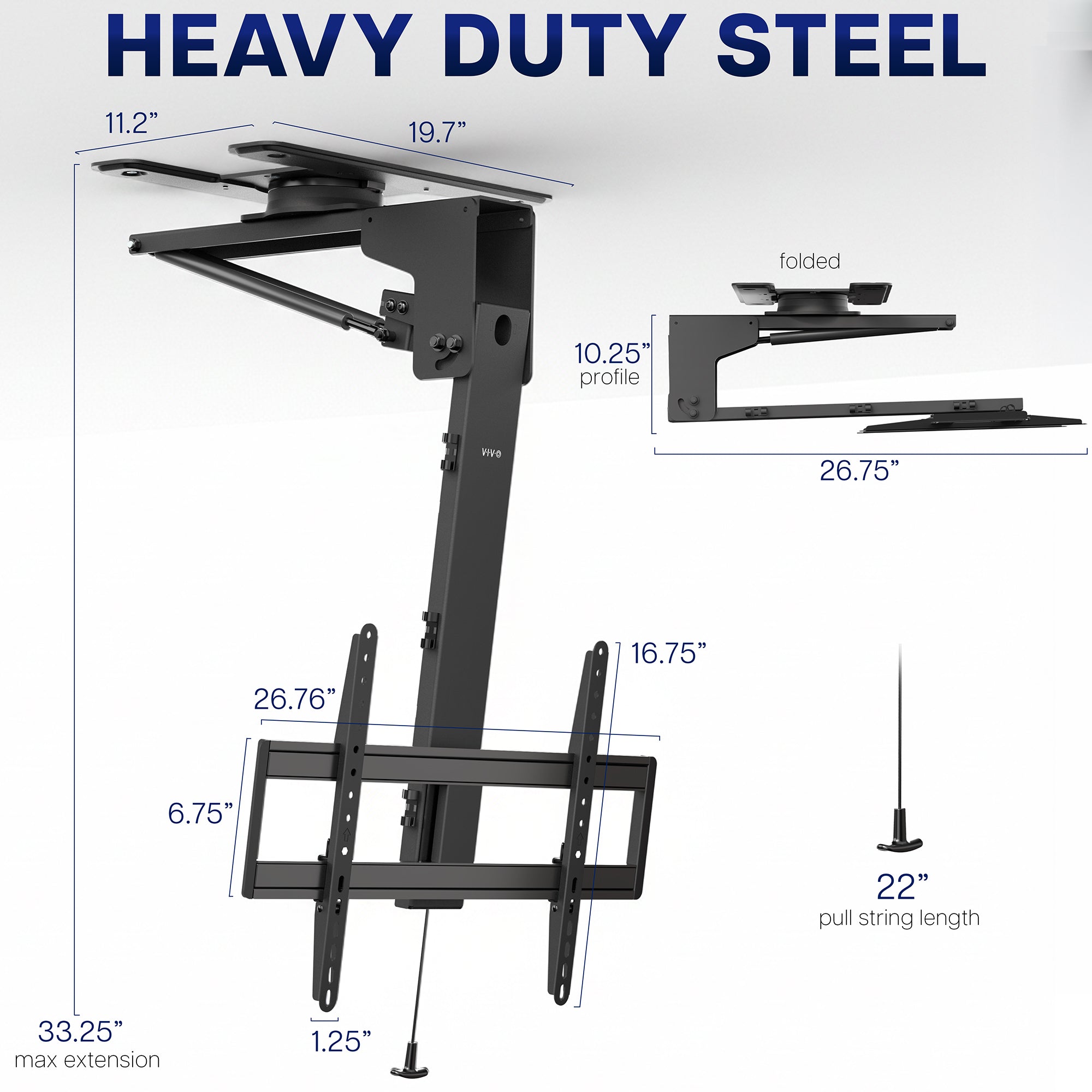 Heavy-duty steel Manual Flip Down TV Ceiling Mount with dimensions on a white background