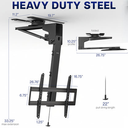 Heavy-duty steel Manual Flip Down TV Ceiling Mount with dimensions on a white background