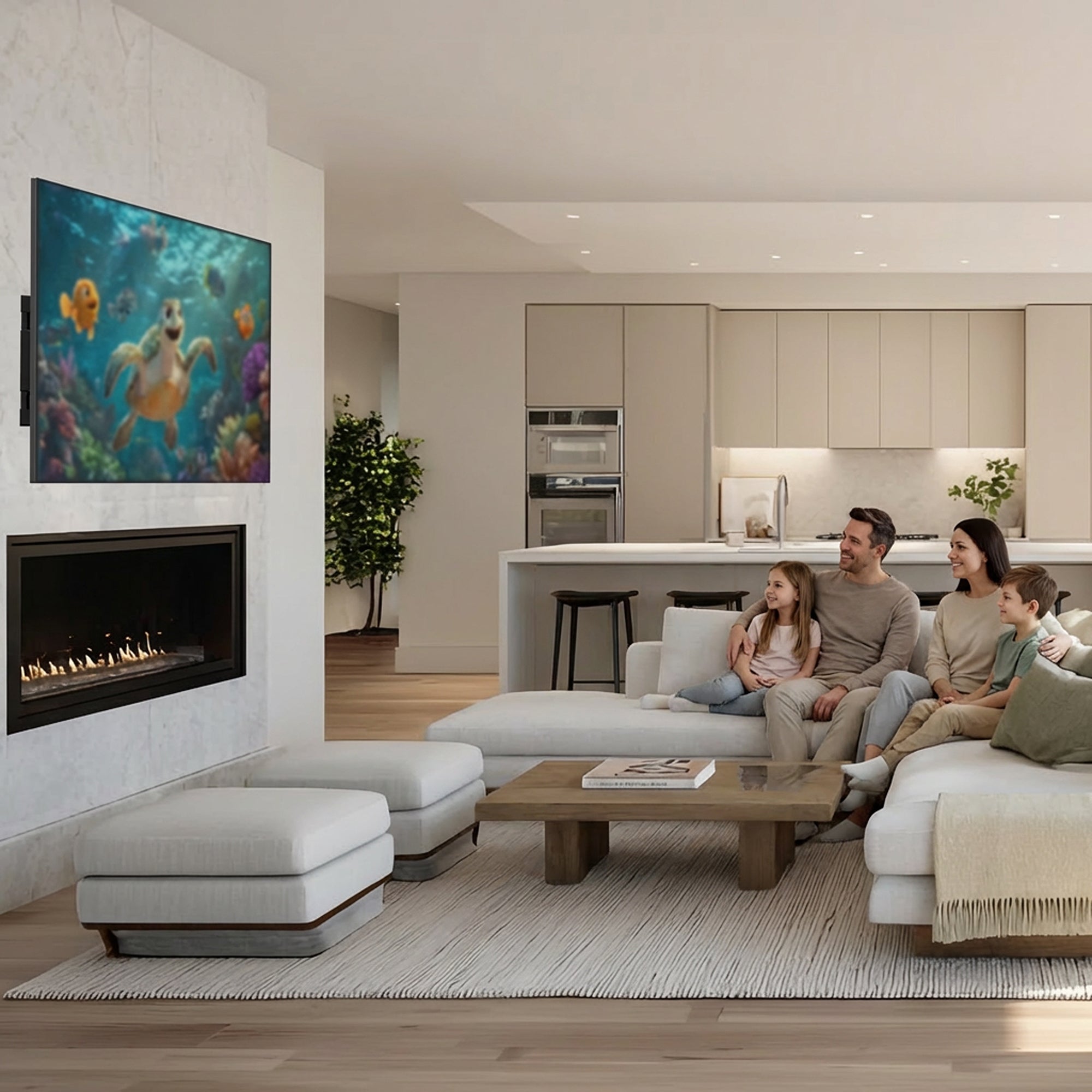 Modern living room with family sitting on a couch, TV showing 'Finding Nemo', and kitchen in the background.