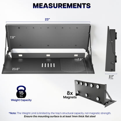 Magnetic flip down keyboard tray dimensions showing keyboard platform, mounting plate, and compact folding design