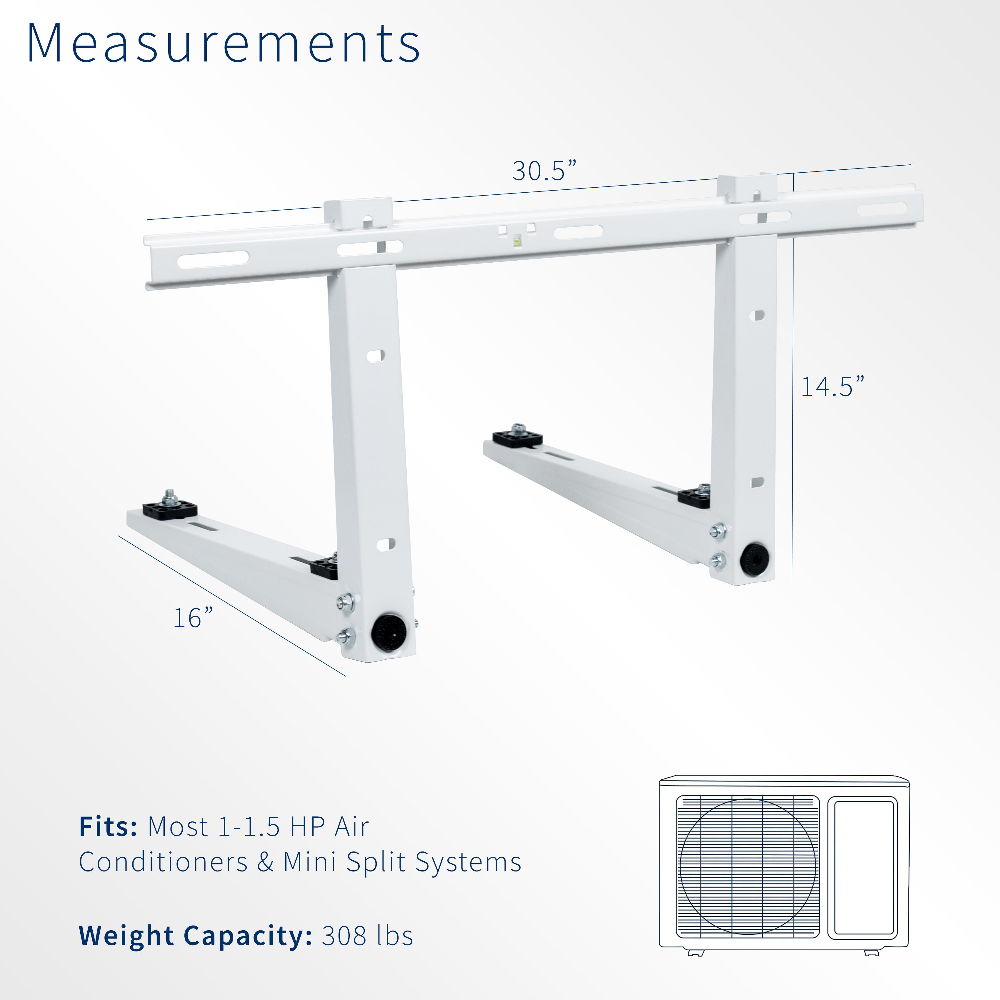 Mini split air conditioner wall mount with adjustable width and anti-vibration padding.