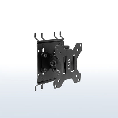 Pegboard mounted single monitor mount with tilt, swivel, and rotation.