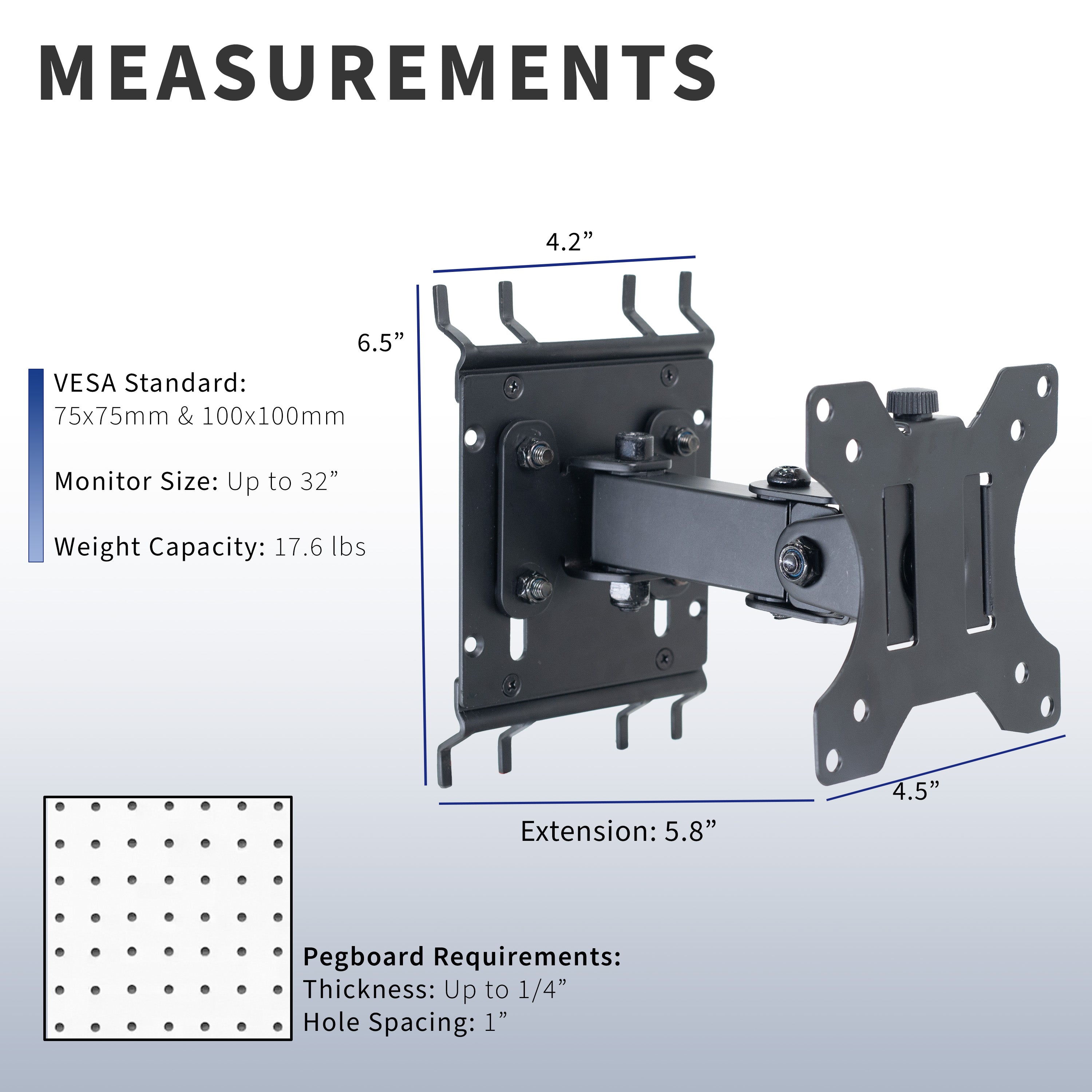 Single Monitor Pegboard Panel Mount with Arm