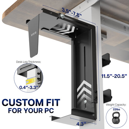 Clamp-on PC mount secures to desk legs for convenient placement.