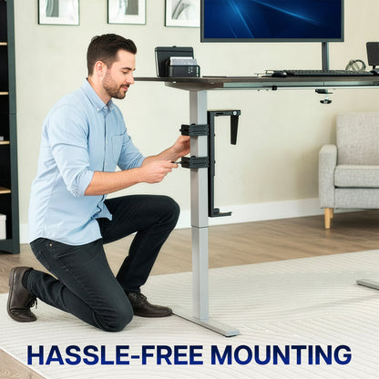 Clamp-on PC mount secures to desk legs for convenient placement.