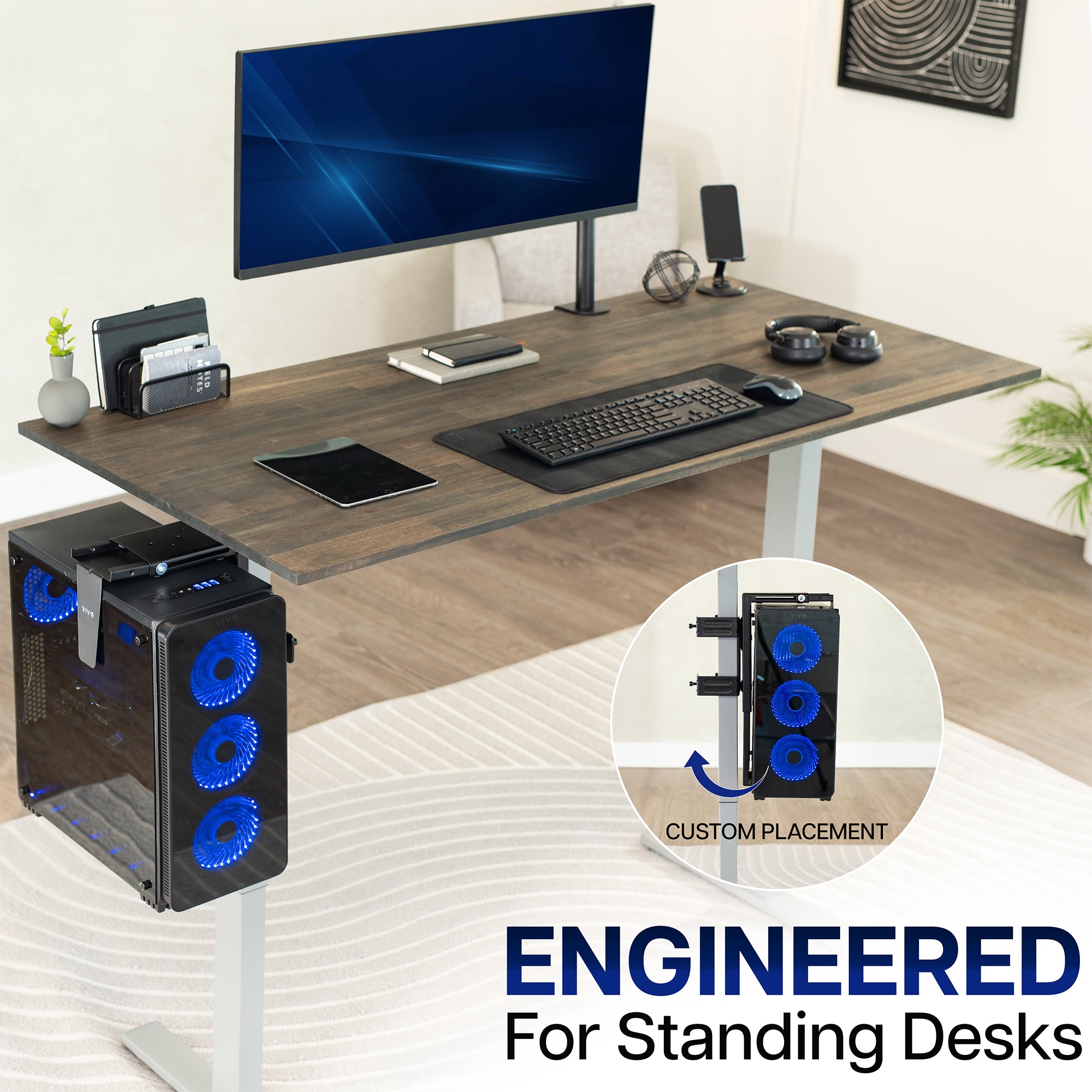 Clamp-on PC mount secures to desk legs for convenient placement.