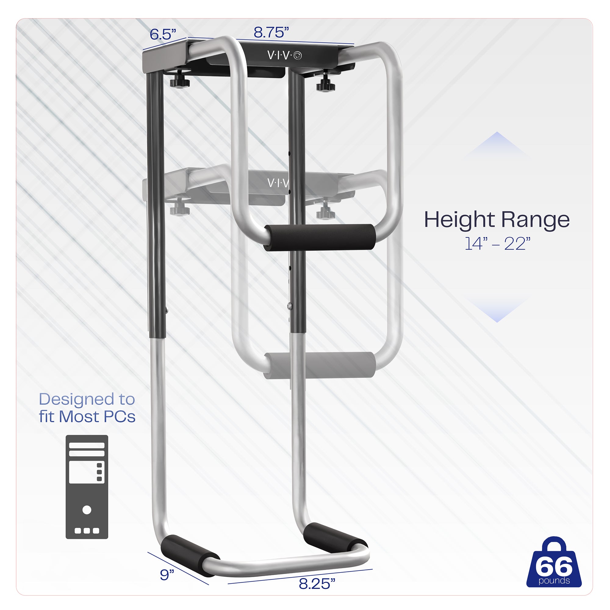 Height and width adjustable PC mount with locking knobs.