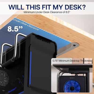 Strong, sturdy PC mount mounted under desk.