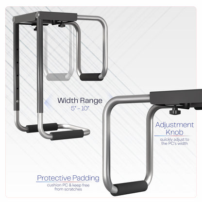 This sturdy PC mount includes protective padding and adjustment knobs to control width range.