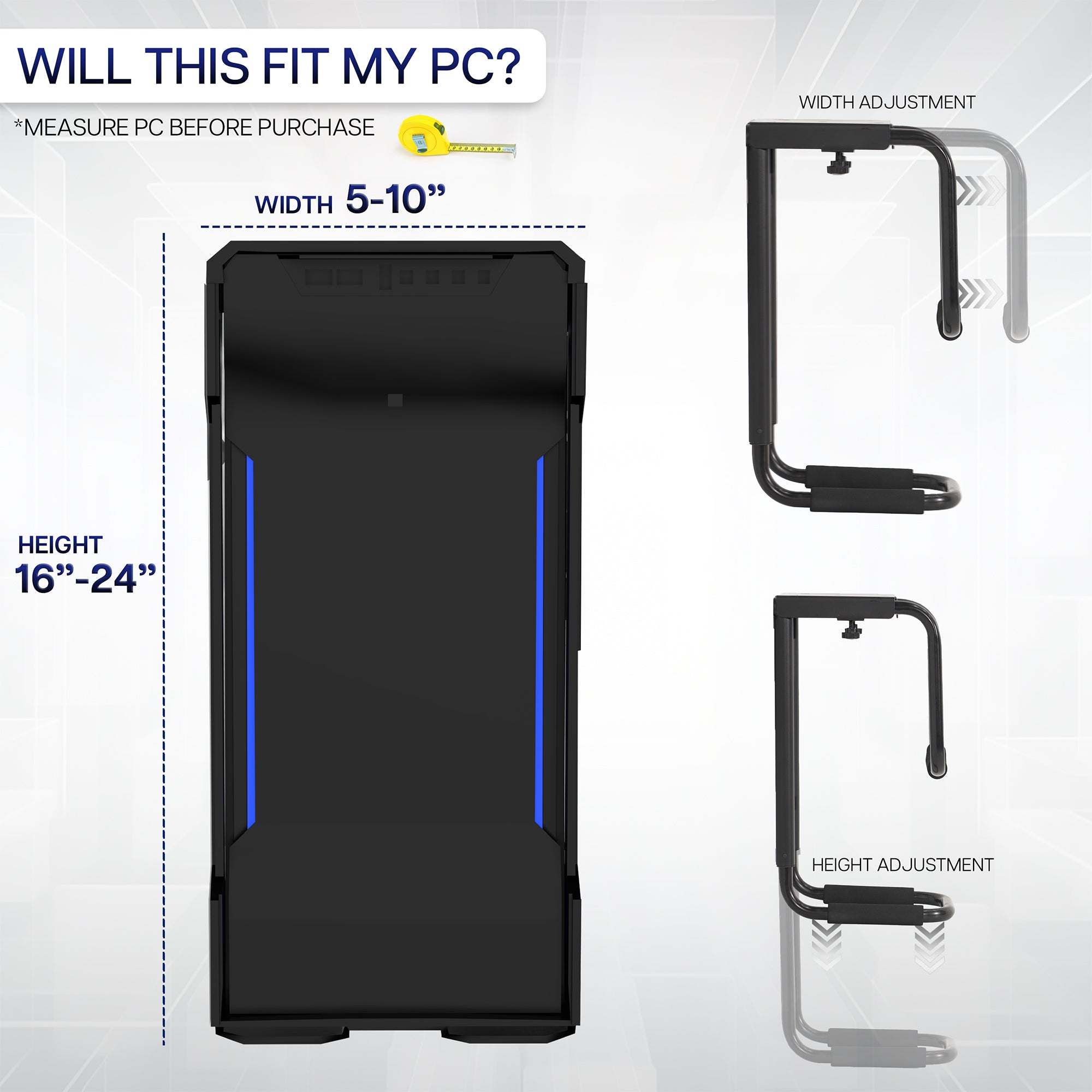 Measurement guide for PC mount with dimensions and adjustment options on a white background.