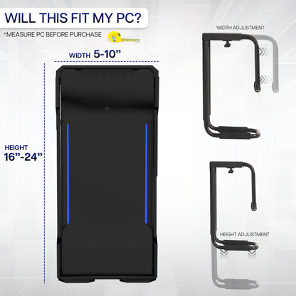 Measurement guide for PC mount with dimensions and adjustment options on a white background.