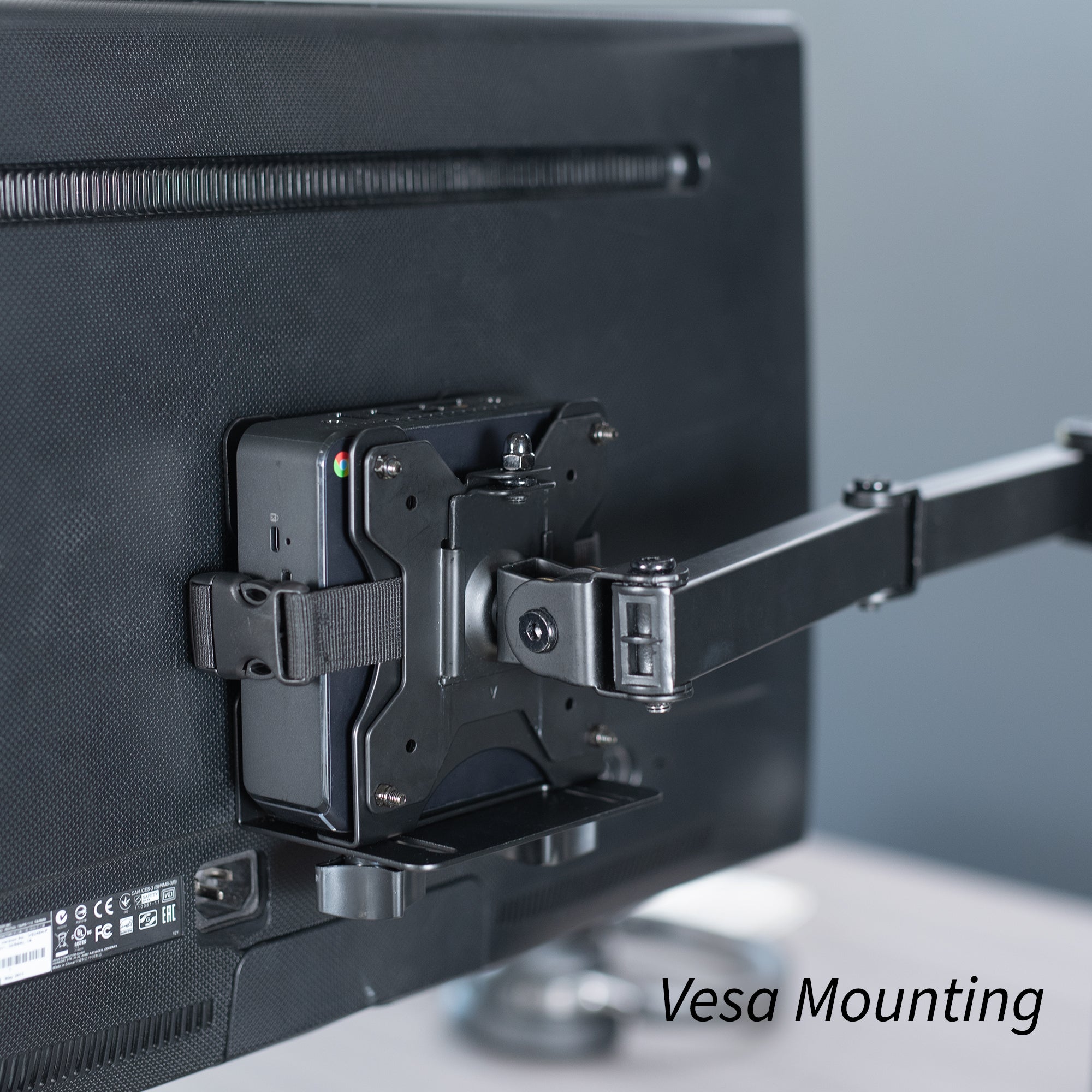 Sturdy steel multi-functional PC mount for under desk, pole, or behind monitor VESA mounting.