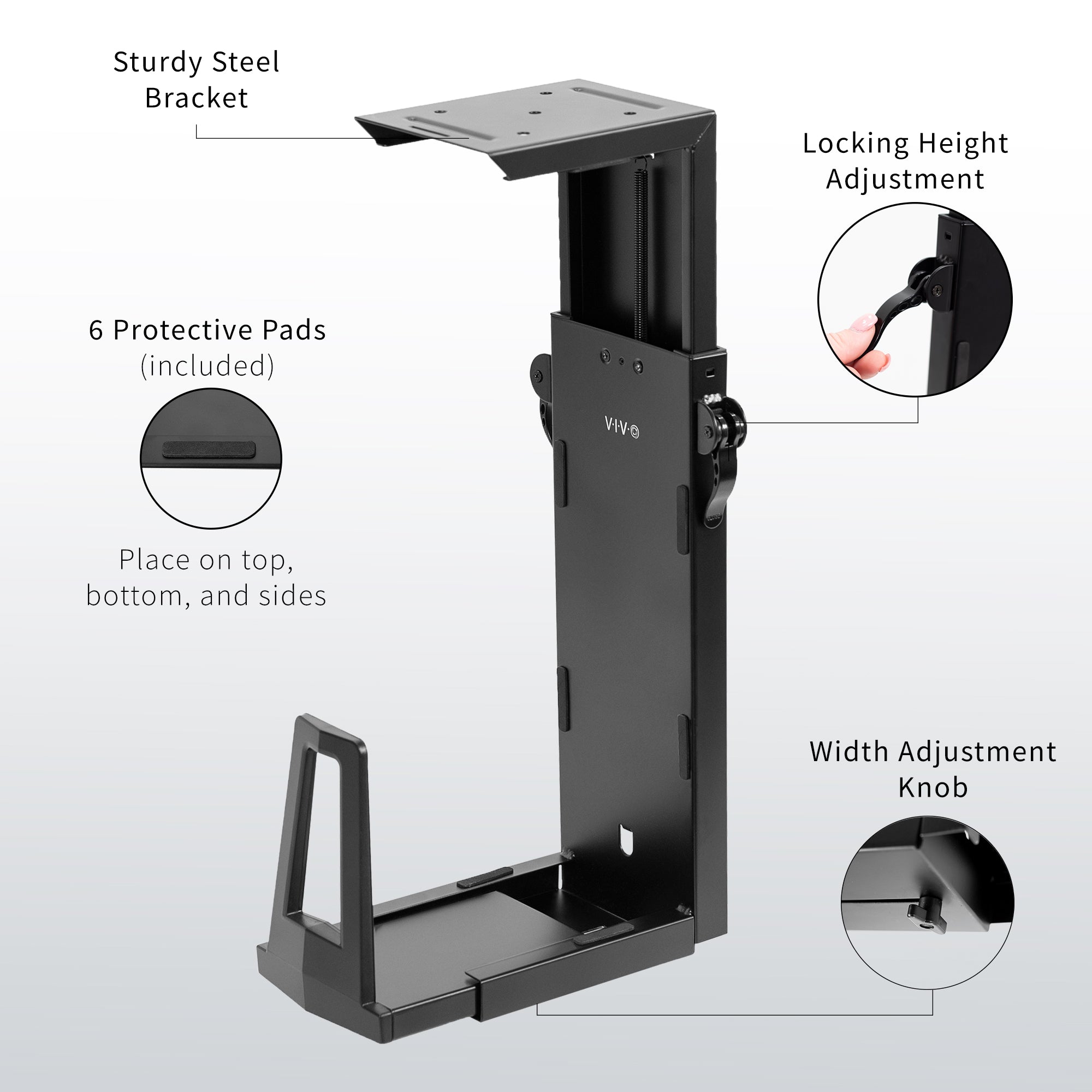 Heavy-duty adjustable space efficient under desk PC mount.