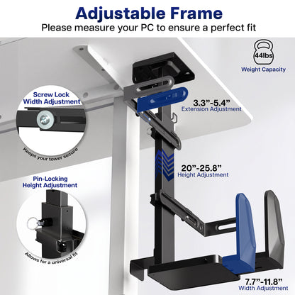 Under desk PC mount with adjustable frame shown mounted under a desk with dimensions for extension, height, and width adjustment. Note about measuring your PC before purchasing to ensure a perfect fit.