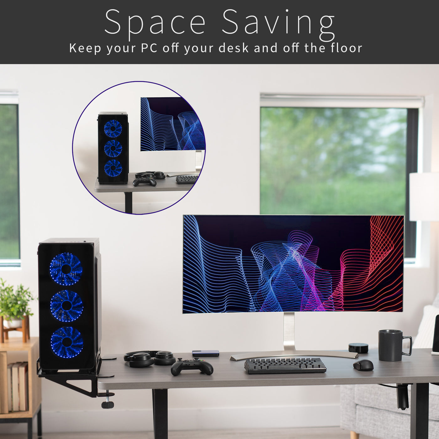 VIVO Clamp-on Gaming PC Holder - Adjustable CPU Desk Mount With Wall Mount Option, Black