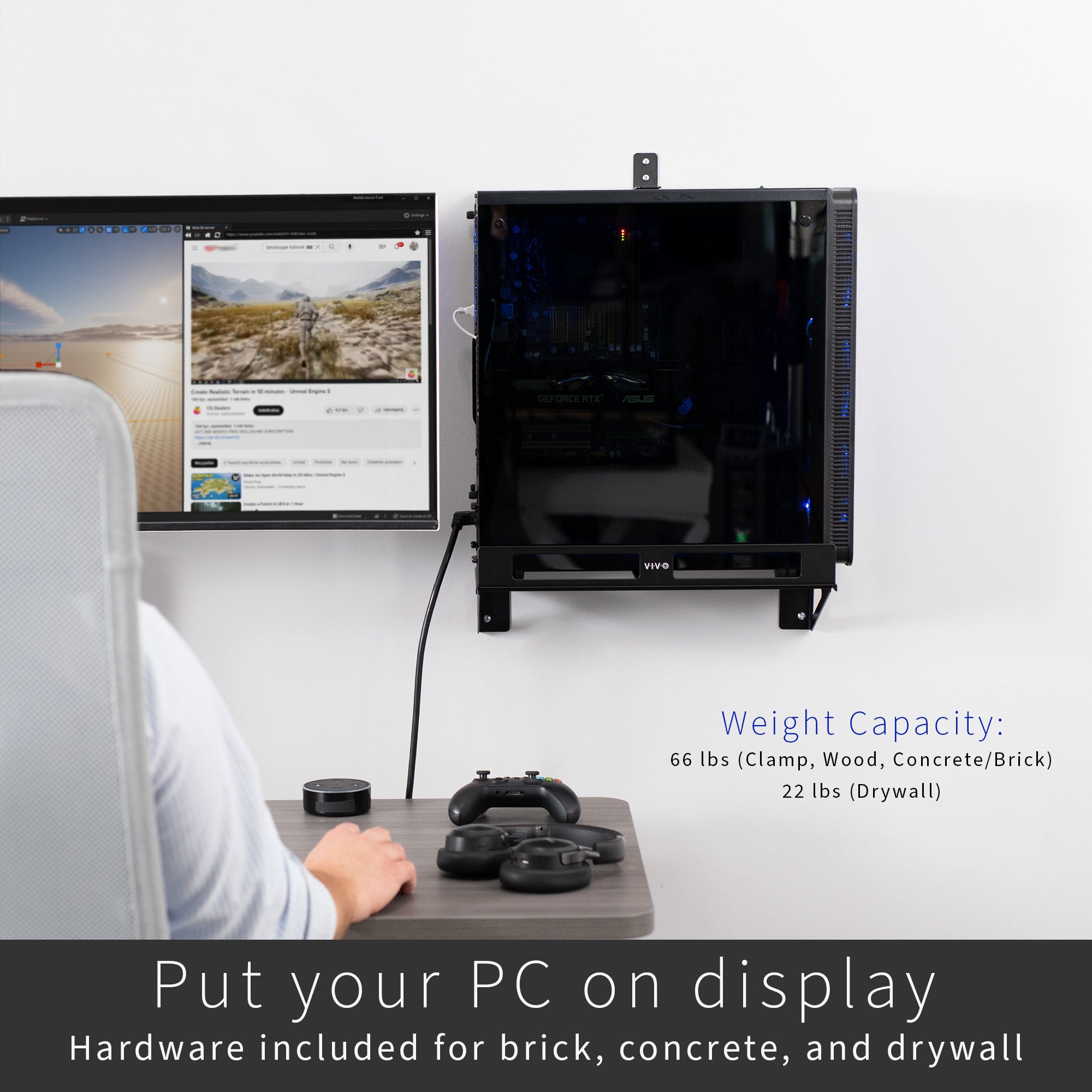 Clamp-On Adjustable Deskside Gaming PC Mount, Wall Mount, Computer Case CPU Holder with Secure Locking