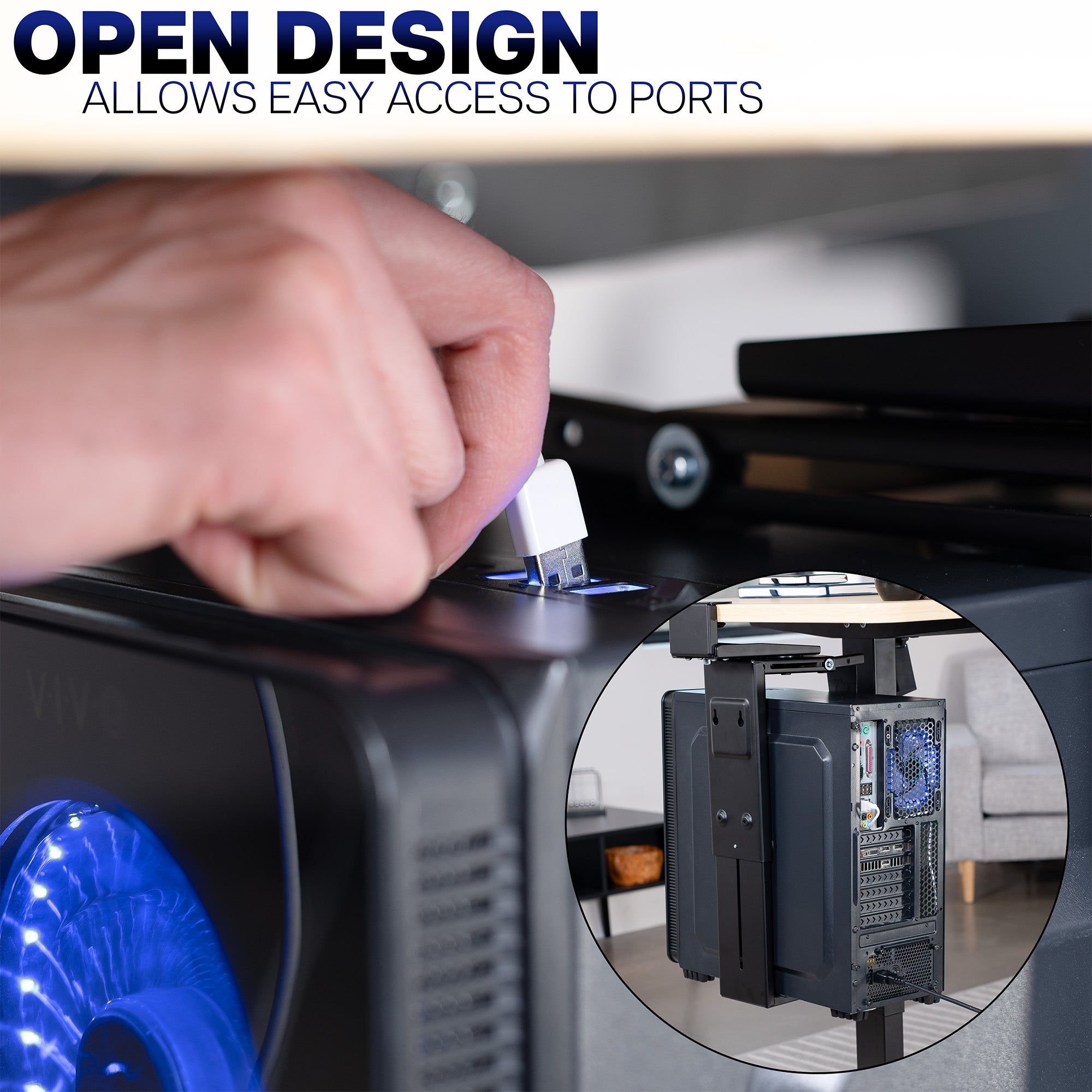 Hand plugging a USB drive into a device with 'Open Design' text above, showing internal components and easy access to the ports. 