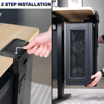 Two-step installation process of a computer PC mount show simplicity of setup.