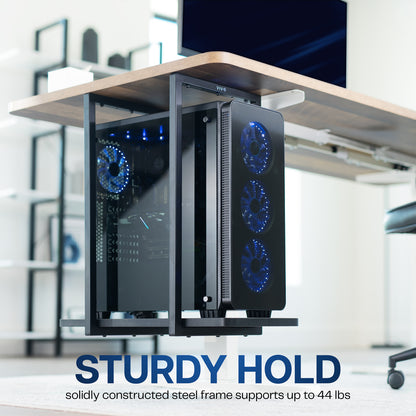 Computer tower with blue LED fans on a desk in an office setting, with text.