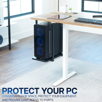 Computer tower on a stand in front of a desk with text.