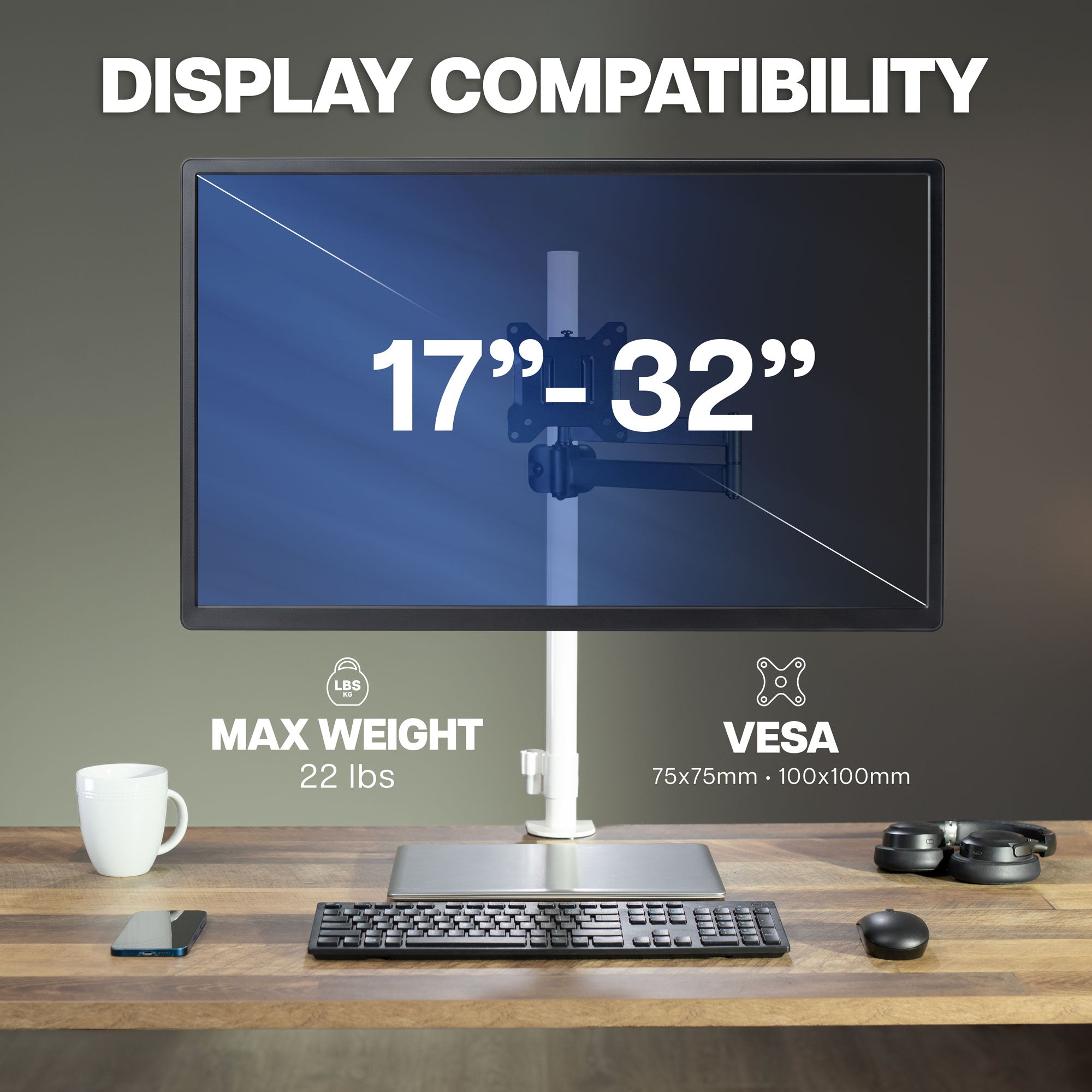VESA monitor pole mount compatible with 17-inch to 32-inch computer monitors and displays