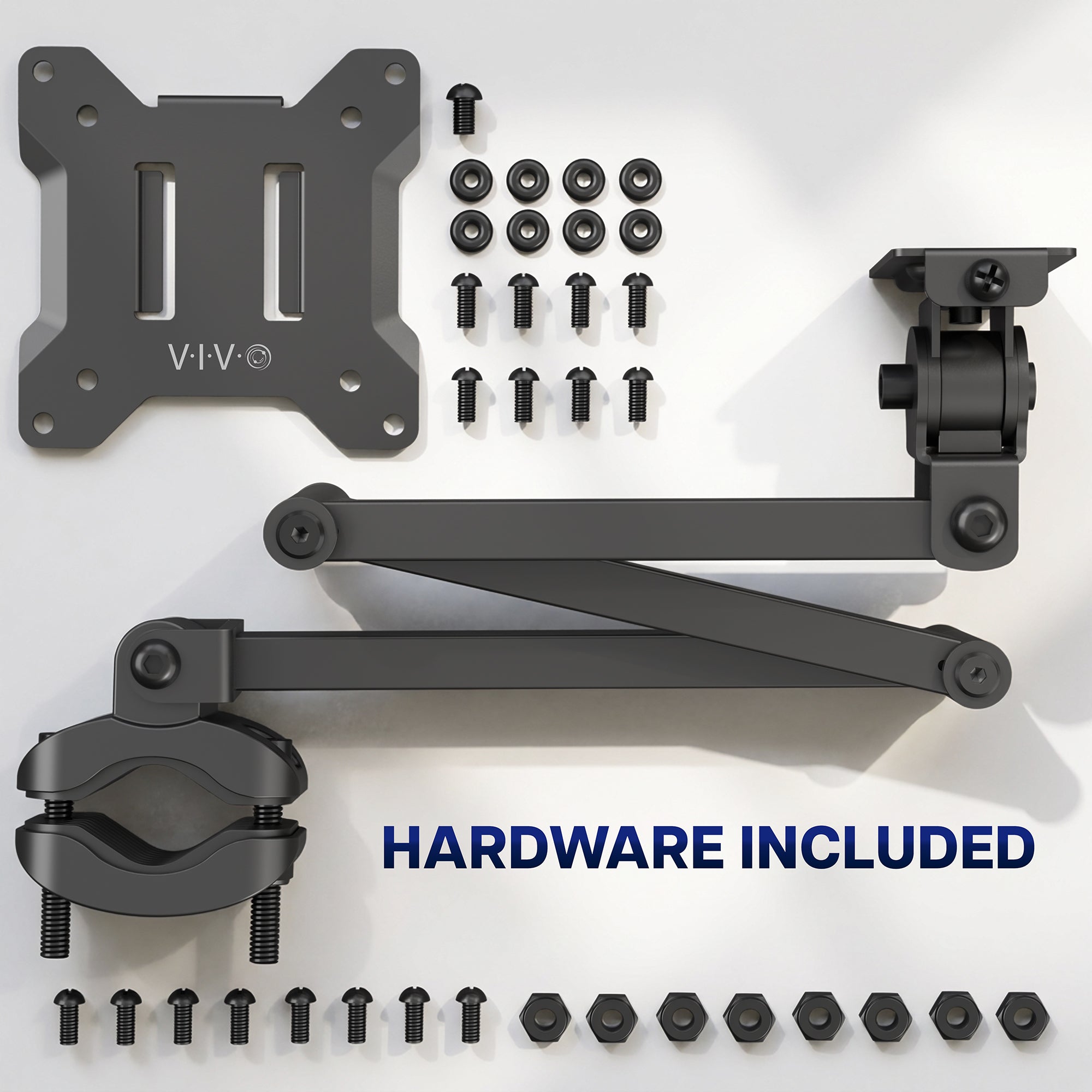 Long arm VESA monitor pole mount with mounting plate, pole clamp, and included installation hardware