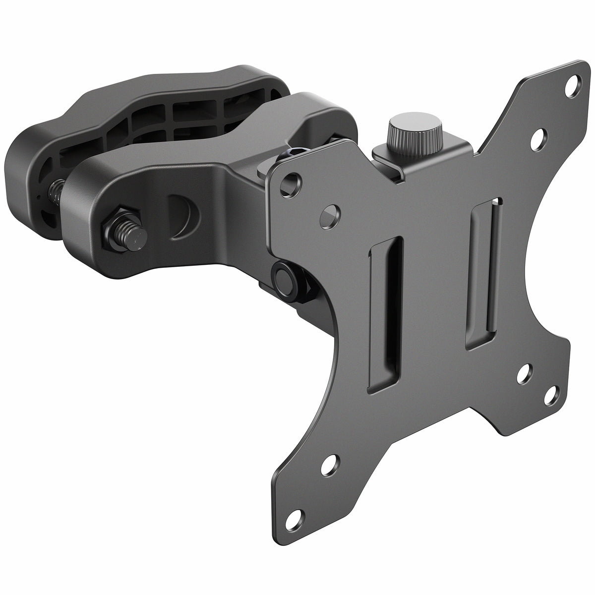 Black monitor pole mount on a white background