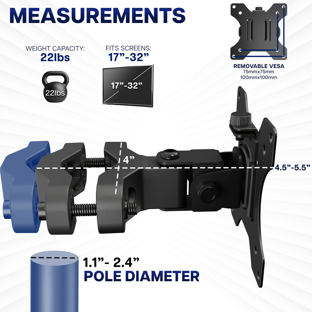 Product measurement infographic for a VESA Bracket Pole Mount with labeled dimensions.