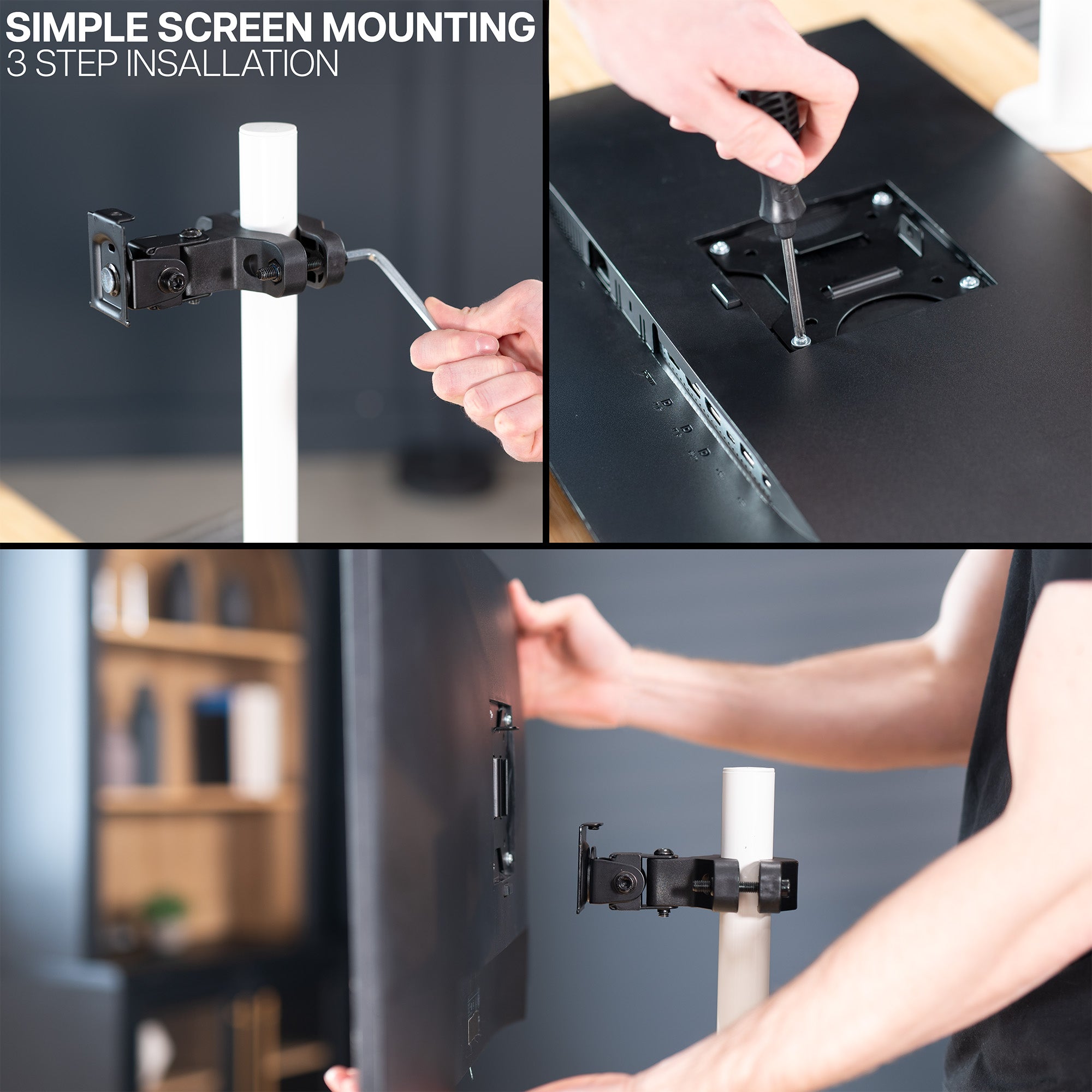 Heavy-duty VESA bracket pole mount.